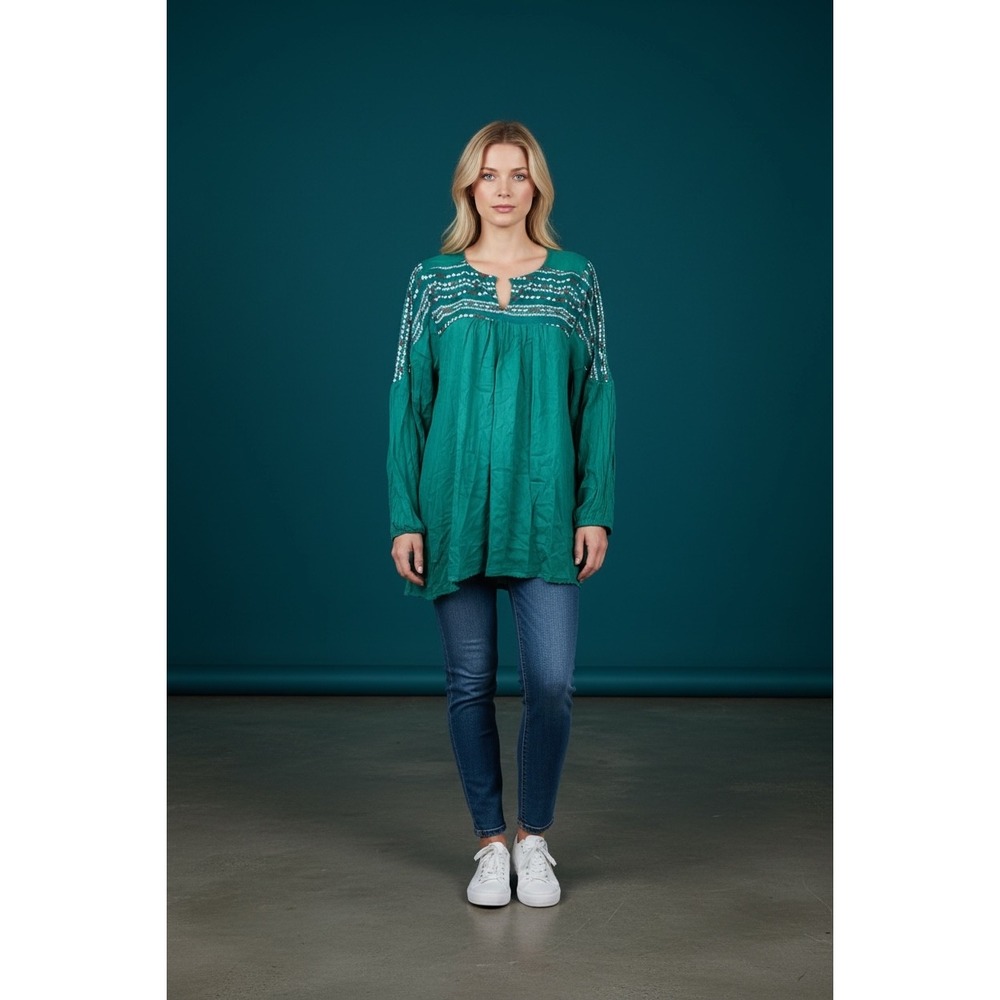 Umgee Teal‎ Green Embroidered Boho Tunic Mini Dress - Top M5930 Womens Large NEW